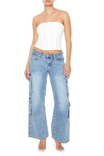 Forever 21 Women's Low-Rise Wide-Leg Cargo Jeans