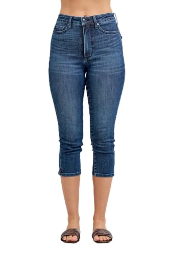 Judy Blue Womens Capris - High Waisted Tummy Control Capri with Shield Back Pockets (11/30 Dark Blue)