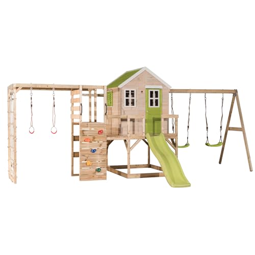 Wendi Toys M28-G Stelzenhaus mit Rutsche, Doppelschaukel und Kletterwand aus FSC-Holz, Spielhaus Kinder Outdoor Garten mit Plattform 90, 120 cm, Kletternetz, Turnringe, 342×563×242 cm
