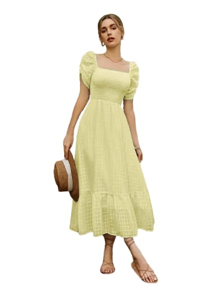 Image of Shreyam Girl's & Women's Solid A-Line Ruched Puff Sleeve Maxi Long Evening One Piece Long Dress for Women Stylish