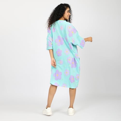 Image of LAMA STORE Women's Printed Oversized T-Shirt Dress, Cotton, 3 /4 Sleeve Length, Casual Loose Fit, Comfort Wear Extra Comfy Oversized Printed Pocket T-Shirt Dress