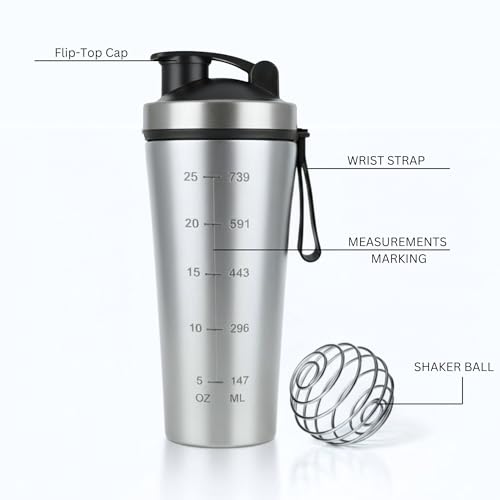 Image of Speedex YouFit Customized Stainless Steel Gym Shaker Bottle 750ml with Mixing Ball, Leakproof Flip Cap, Wide Mouth, Measurement Markings, Personalized Name /Logo Metal Protein Shaker - Silver