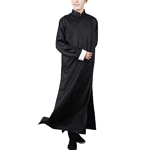 Traditional Chinese Men's Cheongsam Solid Mandarin Collar Long Gown Martial Art Uniform Crosstalk Robe Performance Wear
