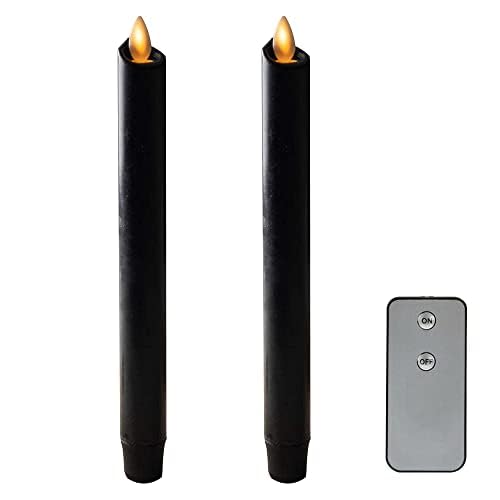 NONNO&ZGF8" Black Flameless Taper Candle Set of 2, Wax Covered, with Amber Warm White LED Moving Wick Flame with Remote Control and 5 Hour Timer, LM-2-B