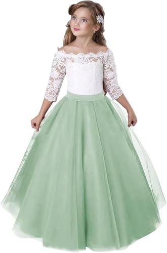 Girls Off-Shoulder Lace Tulle Princess Pageant Dress Long Sleeve Kids Flower Girl Dress for Birthday Weddings