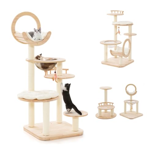 GOPLUS 146 cm Wooden Cat Tree 4 in 1 with Space Capsule Nest, Curved Upper Perch, Rubber Wood Platform with Cushions, Scratching Posts, Beige GOPLUS 146 cm Wooden Cat Tree 4 in 1 with Space Capsule Nest, Curved Upper Perch, Rubber Wood Platform with Cushions, Scratching Posts, Beige