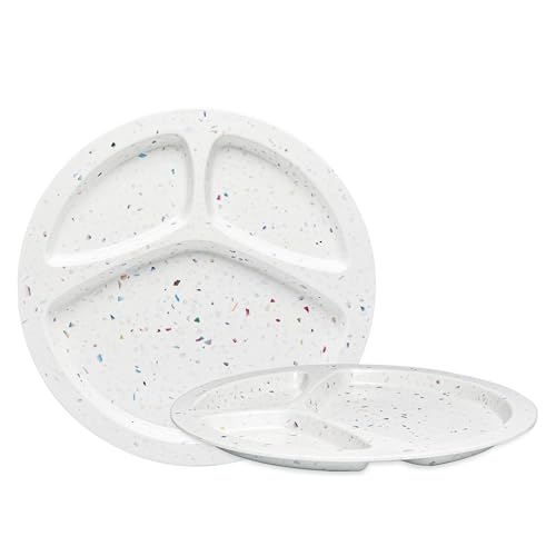 bzyoo 11-Inch Divided Plates Set of 2, 100% Melamine Portion Control Plates for Adults & Kids, Modern Confetti Pattern, BPA-Free & Dishwasher Safe, Ideal for Camping, RV, and Daily Use (White)