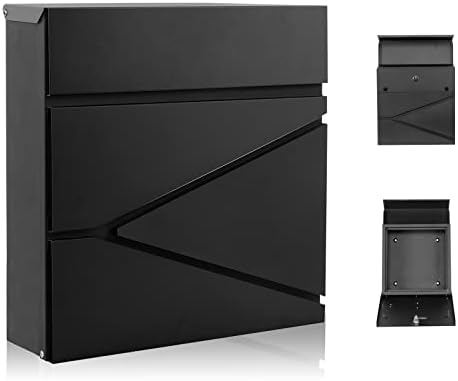 YOOBOX Mailbox Wall Mount, Steel Mail Boxes with Key Lock and Newspaper Compartment, Drop Box for Waterproof & Rust-Proof, Medium Capacity for House, 11.02 x 11.02 x 4.33 inch, Black, MD021