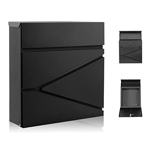 Image of Wall-Mount Mailbox for House Outside, Security Key Drop Box with Lock and Keys, Locking Postbox, Steel Metal Rust-Proof Mail Box, 11.02 x 11.02 x 4.33 Inch, Black, MD021