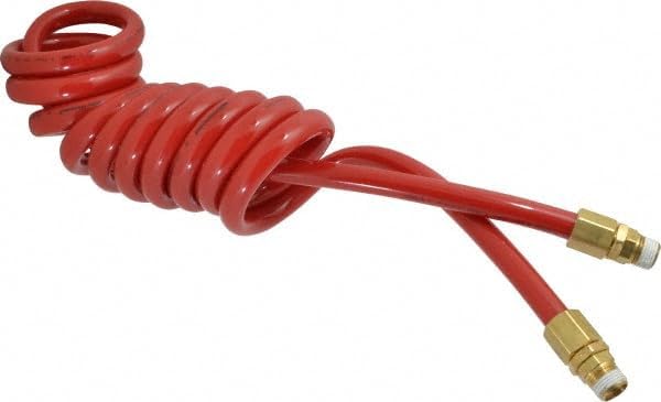 PRO SOURCE Jupiter Pneumatics Coiled & Self Storing Hose: 1/2" ID, 10' Long, Male Swivel x Male Swivel - 120 Max psi, Red & Blue Part