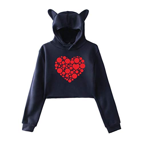 Aunimeifly Women\'s Hooded Sweatshirt Cat Ears T-Shirts Heart-Shaped Print Tops Loose Shirt Short Blouse(Navy,M)