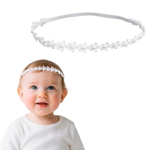 Elastic Baptism Headband for Baby Girl, 16.5 Inch White Flower Christening Baby Head Band Soft Hairband Lace Toddler Hair Bands Hair Accessories for Newborn Kids Infants Outfit Gifts