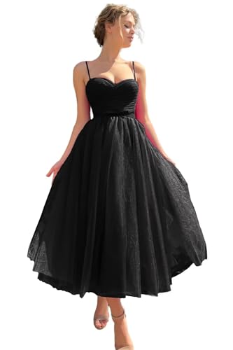 Sevintage Short Tulle Prom Dresses for Women Simple Tea Length Party Gown Black Sweetheart Spaghetti Straps Midi Formal Dress with Pockets US16