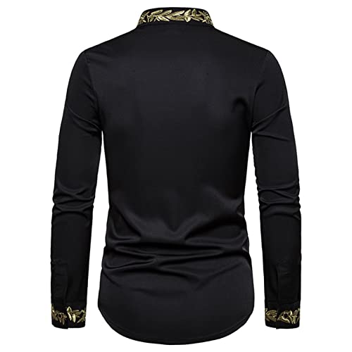 DGHM-JLMY Men's Collarless Long Sleeve Fashion Embroidered Shirt Hipster Slim Fit Gold Embroidery Casual Dress Shirts3