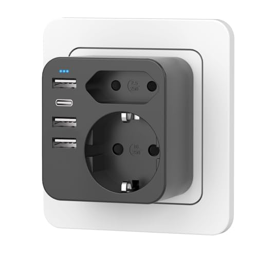Mehrfachsteckdose mit 4 USB Ports, Mehrfachstecker für Steckdose mit 2 Fach Stecker, Steckdosenadapter mit USB C Port, Doppelstecker für USBC Steckdose, Steckdosenleiste