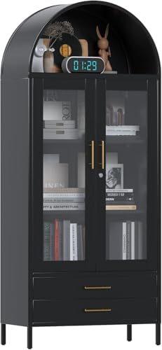 Image of 73''H Metal Arch Kitchen Pantry Cabinets, Arched Display Cabinet with Glass Doors&Drawers for Home Living Room, Assemble Required, Black