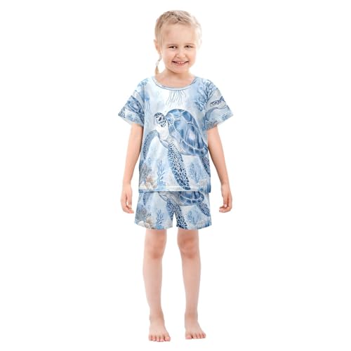 ALAZA Turtle Jellyfish Coral Reef Watercolor Pajamas Set Short Sleeve Cotton Sleepwear Summer Pjs 2 Piece 5-14Y3