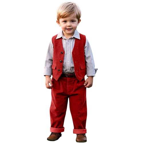 Baby Boy Corduroy Suit Vest Pants Red 2 Pieces Set Formal Cute Slim Fit Stylish Warm Wedding Homecoming Size 3