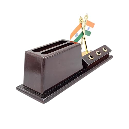 Image of WOOD HOUSE Wooden Pen Stand with Mobile Holder & 100-Year Perpetual Calendar for Office Table | Desk Organizer with New Year 2024 Calendar (Wooden Pen Stand With Indian Flag)