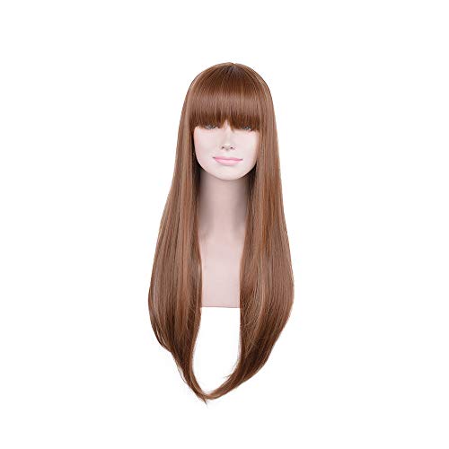 SIYi synthetic fiber wig, slightly curly wig, bangs wig, heat-resistant clothing wig, light brown long wig, natural-skinned female party hairstyle