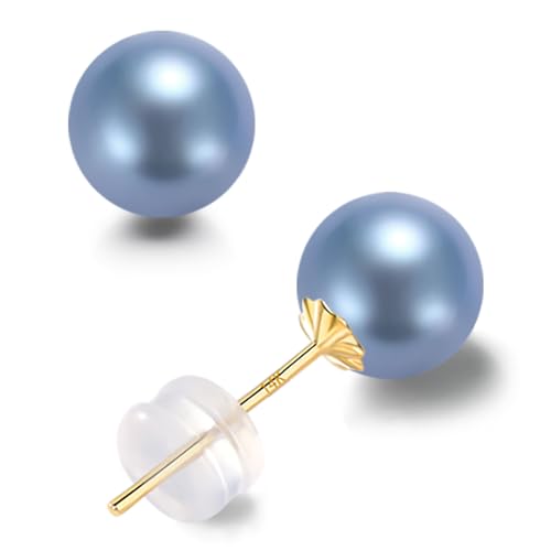 14K Solid Gold AKOYA Pearl Stud Earrings - Round Cultured Blue/Golden Pearls - Hypoallergenic Everyday Jewelry for Women - Luxrious Jewelry Gifts for Her
