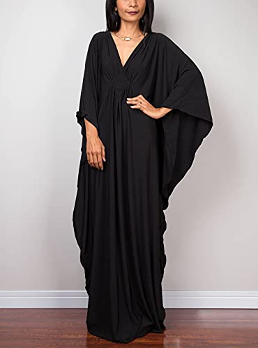 Image of RanRui Caftans for Women Solid Color Chiffon Plus Size Kaftan Dresses Beach Cover Up V Neck Batwing Sleeve Caftans Loungewear