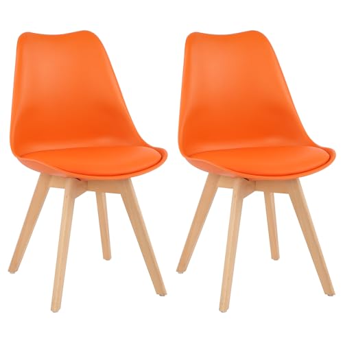 LSSBOUGHT Mid Century Modern Dining Chairs,Shell Lounge Plastic Side Chair with Soft Padded and Wooden Legs for Dining Room Living Room Bedroom Kitchen Set of 2 (Orange)