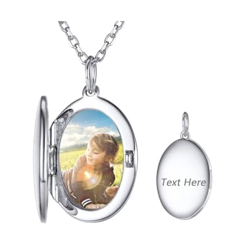 SILVERCUTE Oval Locket Necklace Customized Sterling Silver Memorial Picture Pendant Cute Women Locket Necklace that Holds Picture, 18" Cover
