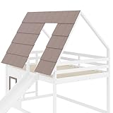 EINHOM Kinderbett 140x200 cm, Etagenbett mit Dach, Leiter und Rutsche, Hausbett mit Rausfallschutz, Lattenrost aus Holz, MDF+Kiefer, Weiß+Braun, Ohne Matratze