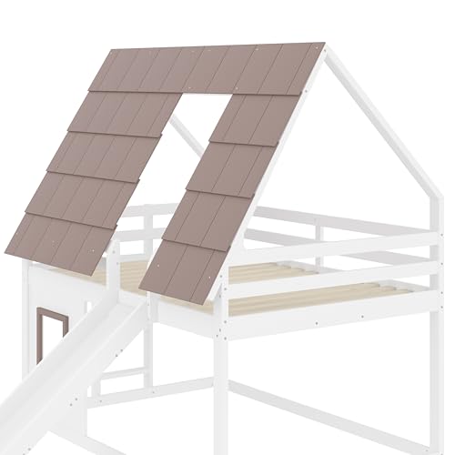 EINHOM Kinderbett 140x200 cm, Etagenbett mit Dach, Leiter und Rutsche, Hausbett mit Rausfallschutz, Lattenrost aus Holz, MDF+Kiefer, Weiß+Braun, Ohne Matratze