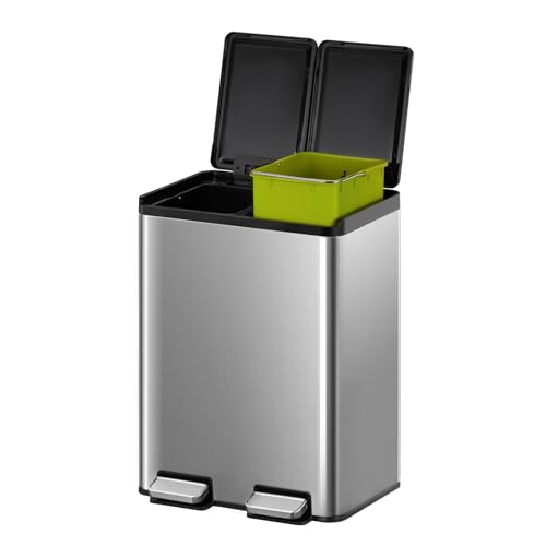 EKO Essential Recycler. Bote de basura rectangular con pedal doble compartimento 20L y 20L. Acabado acero inoxidable cierre suave de tapa