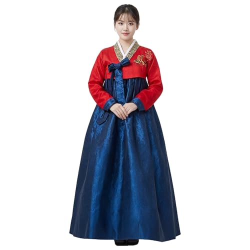 YEMYIQZ Korean Traditional Women Dress Hanbok Set Long Sleeve Cosplay Costume Dance Palace Wedding Party (Red, L)