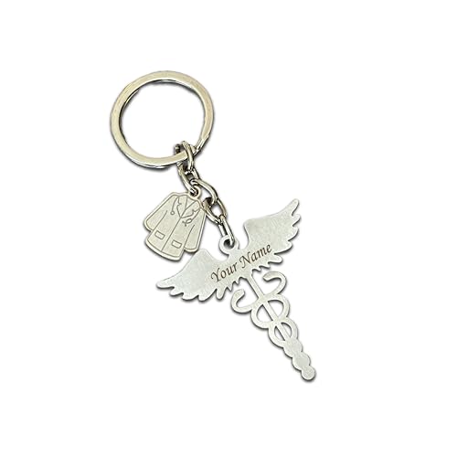 SAVRI Personalized Stainless Steel Keychains with Round Charm with Name engraved on it. Professional Keyring for Doctor Medical Staff. (Silver)