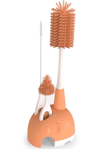 Image of Baby Bottle Brush Set with Stand, 4 in 1 Soft Silicone Bottle Cleaner, Nipple Straw Cleaner, Detachable Boilable Sterilizable Bristles Long Handle, Cleaning Brush Baby Essentials (Orange)