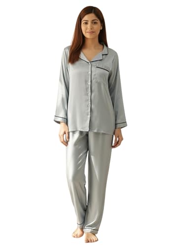 STORIES OF BANNO'S SWAGGER Women Night Suit Set |Women's Satin NightSuitSet | Soft Silk Feel Pyjama Set with Full Sleeves Shirt & Pants|Comfortable Nightwear for Womens Grey
