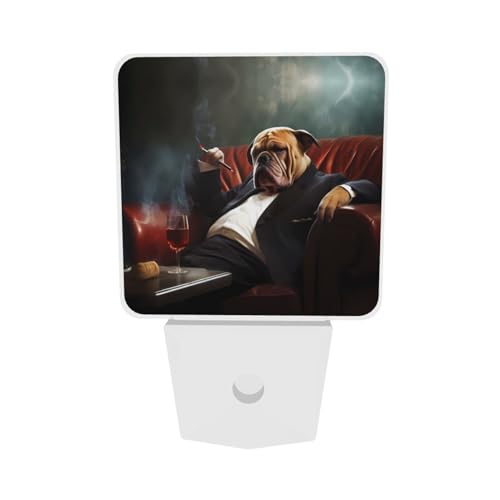 Image of Funny Puppy Dog Night Light Set of 2, Hipster Bulldog Auto Sensor LED Dusk-to-Dawn Nightlights, Plug-in Sensor Lamp for Bedroom Bathroom Kitchen Hallway Stairs Decorative