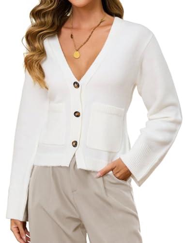 Image of TZLDN Women V-Neck Cardigan Sweaters with Pockets Cropped Button Down Long Sleeve Open Front Sweater Blazer Fitted Knit Coats