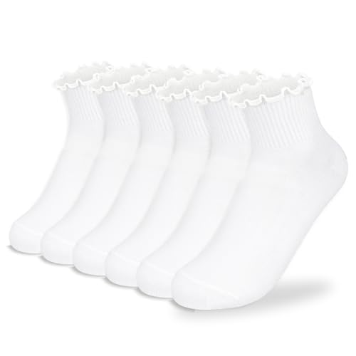 Image of BIVOLU Womens Ankle Socks Ruffle Cotton Cute Frilly Trim Breathable Ankle Ruffled Socks 6 Pack