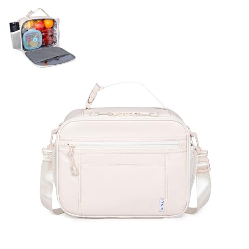 NOL Reusable Insulated Kids Lunch Bag – Water-Resistant Easy-Clean Fabric, Multiple Zip Pockets, Holds Lunch Box & Water Bottle for School, Cream