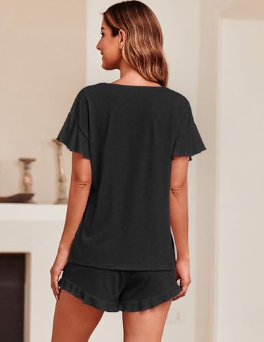 Image of Ekouaer Women's Pajama Set Ruffle Sleeves Top and Short | 2 Piece Ruffle Hem Sleeves Top and Shorts Pjs Set, Soft Short Sleepwear Set, Elastic Waistband Design