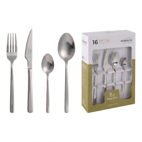 SANTA CLARA | Cubertería completa 16 piezas de acero inoxidable brillo, juego de cubiertos con cuchillo, tenedor, cuchara y cucharilla de postre, servicio para 4 personas, modelo Navia