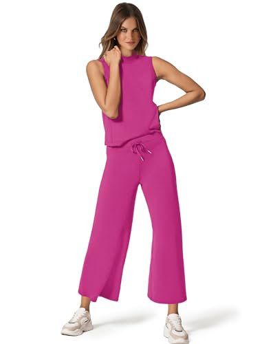 Image of SAMPEEL Two Piece Sets for Women Summer Outfits Lounge Sets Mock Neck Tops Wide Leg Crop Pants Vacation Travel Outfits