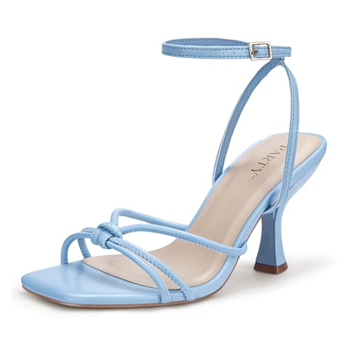 Image of PARTY Women's Square Open Toe Strappy Heeled Sandals 3 inch Stiletto Kitten Heel with Ankle Buckle Strap, Comfortable Slingback Summer Dress Shoes