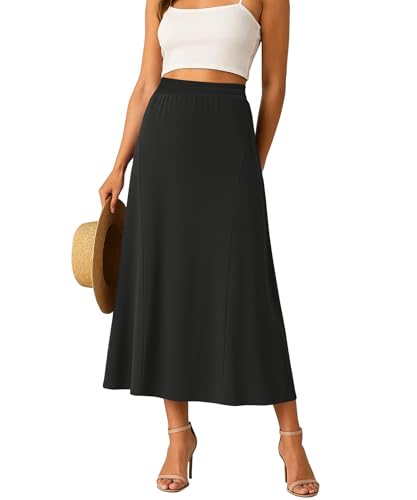 YSYOKOW Long Skirts for Women Flowy Elastic High Waist Midi A-line Skirt for 2025 Casual Boho Trendy(Black, Medium)