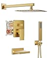 HoliSpa Gold Shower System with Tub Spout, All Metal Tub Shower Faucet Set with 10" Rain Shower Head and Handheld Spray combo, Wall Mounted Tub Shower Systems with Valve and Trim Kit, Brushed Gold