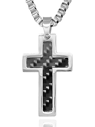 RUGGED STEEL Herren Edelstahl Kette mit Kreuz-Anhänger in Carbon-Optik (silber/schwarz) (55, Venezianerkette) Cover