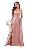 Sukleet Spaghetti Straps Dusty Rose Bridesmaid Dress with Pockets Off Shoulder Ruched Chiffon Formal Dresses for Women Size 4