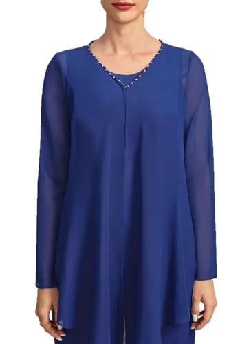 3 Piece Solid Color Lace Beading Ruffles Scoop Neck Mother of the Bride Pant Suits With Loose Coat for Women3