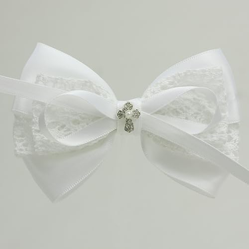 1Pcs White 4” Hair Bow for Toddler Girls Baptism Bow Christening Hair Accessories (I-white cotton lace bow with cross)