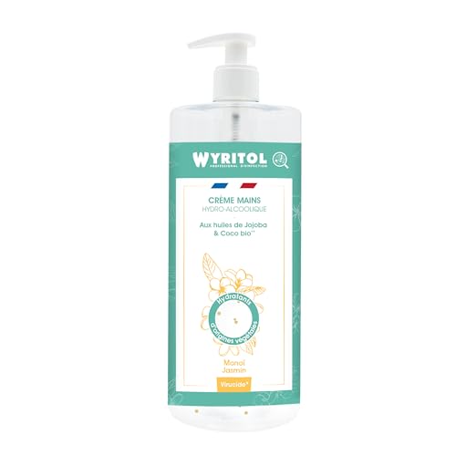 WYRITOL - Crème Hydroalcoolique Désinfectante pour les Mains - Bactéricide et virucide - Formule naturelle à base d'huiles végétales- Parfum Monoï/Jasmin - 500ml...